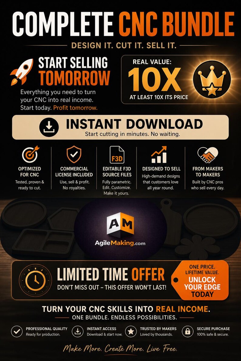 May include: Complete CNC Bundle graphic with text: Design it, Cut it, Sell it. Includes instant download, commercial license, and editable source files. Offers high-demand designs and professional quality. Limited time offer.