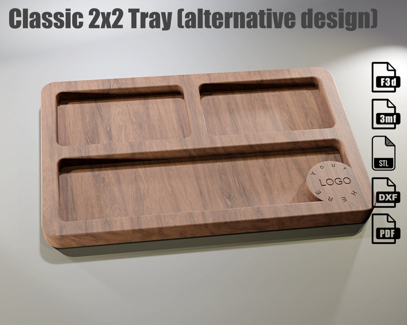 rectangular wooden tray with tho row division, two pockets at first row and one big pocket in the second