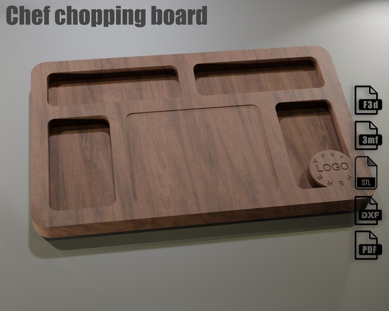 unique wooden rectangular chopping board that has aspace for chopping in the center and pockets for chopped vegetables or so all around the space where the chop has to be done