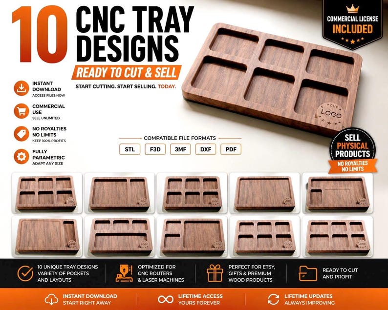 May include: A wooden CNC tray design with six square compartments. The image showcases a variety of tray designs, ready to cut and sell. The text includes "10 CNC Tray Designs" and "Ready to Cut & Sell."