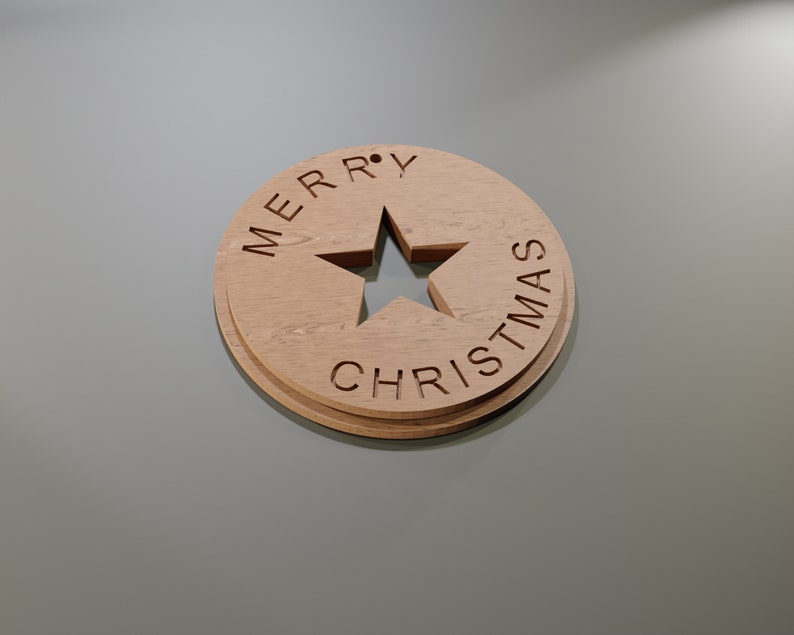 May include: Wooden Christmas ornament with a star cutout in the center. The words "MERRY CHRISTMAS" are carved around the star. The ornament is made of light brown wood and has a layered design.