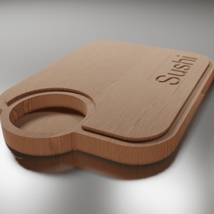 May include: A wooden serving tray with a round cutout and the word "Sushi" carved into the surface.