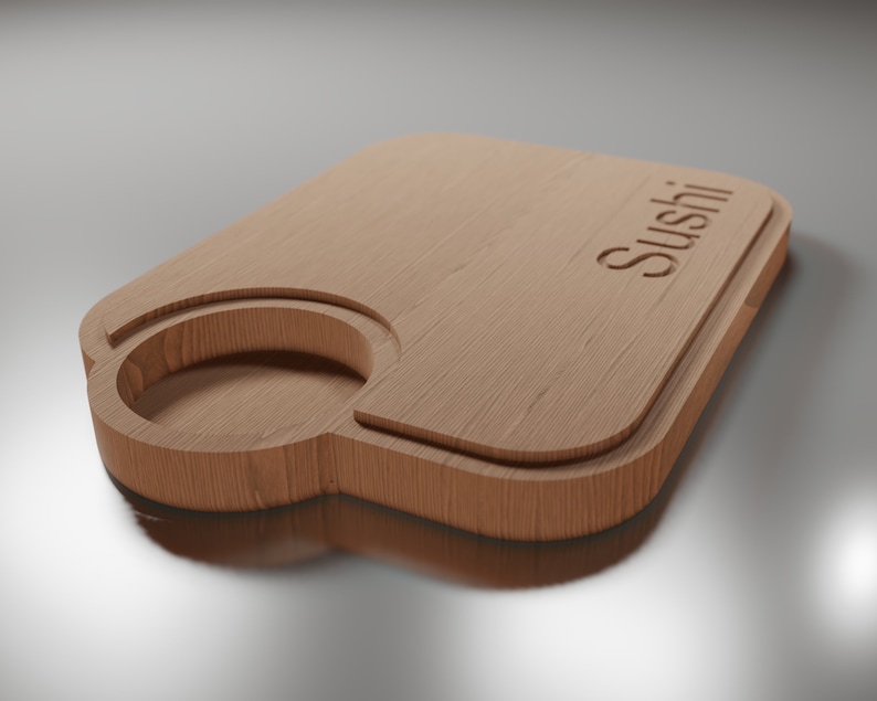 May include: A wooden serving tray with a round cutout and the word "Sushi" carved into the surface.