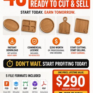 Pode incluir: Gr&aacute;fico promocional com o texto "40 CNC DESIGNS READY TO CUT & SELL". Inclui imagens de t&aacute;buas de corte e bandejas de madeira. Oferece download instant&acirc;neo, licen&ccedil;a comercial e designs no valor de $290.