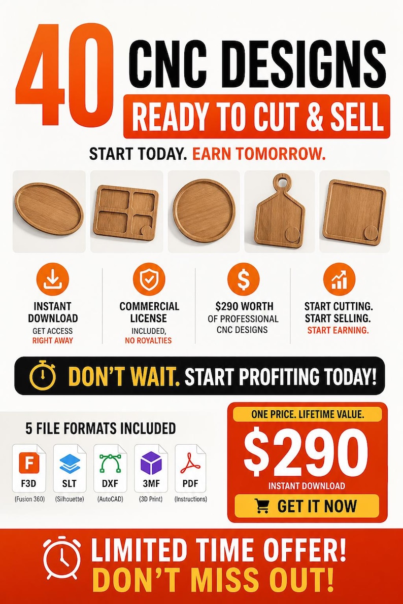 Pode incluir: Gr&aacute;fico promocional com o texto "40 CNC DESIGNS READY TO CUT & SELL". Inclui imagens de t&aacute;buas de corte e bandejas de madeira. Oferece download instant&acirc;neo, licen&ccedil;a comercial e designs no valor de $290.
