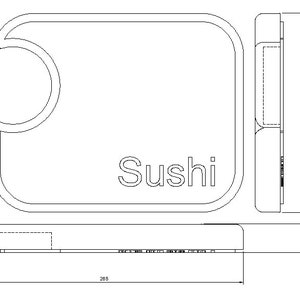 May include: A white rectangular sushi serving tray with a round indentation for dipping sauce. The tray measures 20.5 inches by 10 inches. The word "Sushi" is printed on the tray.