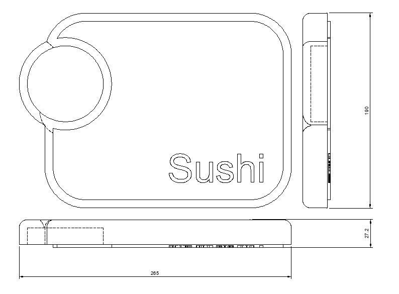 May include: A white rectangular sushi serving tray with a round indentation for dipping sauce. The tray measures 20.5 inches by 10 inches. The word "Sushi" is printed on the tray.