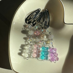 Hair clips barrettes beaded, gummy bear barrettes, beaded mini hair clips, hair clips for thin hair, dangle beads hair clips, gift for her