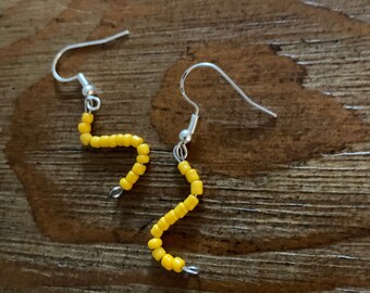 Yellow seed bead dangle earrings, squiggle earrings, yellow curvy earrings, handmade dangle and drop earrings, sterling silver ear wire