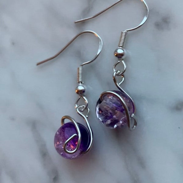 Purple beaded earrings, wire wrapped earrings, multicolored earrings, dangle earrings, french hook earrings, handmade jewelry gifts