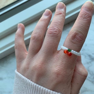 White ring, cherry ring, cherry blossom, beaded cherry ring, seed bead ring, white seed beads, beaded white ring, berry ring, stackable ring