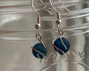 Navy blue frosted earrings, hypoallergenic  sterling silver earrings, wire wrapped earrings, short blue dangle earrings, cute gifts for her