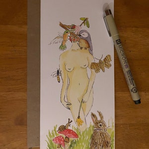 Tarjeta de acuarela de encarnación femenina de criatura / Creación / Criaturas / Naturaleza / Tarjeta de creación de acuarela / Tarjeta en blanco / Arte original
