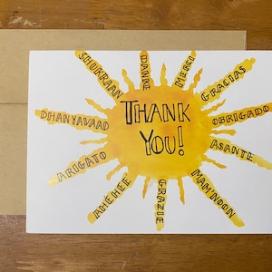Danke Sonne Aquarell Karte / Danke Sonne / Danke in zwölf Sprachen / Aquarell Grußkarte / Original Kunst