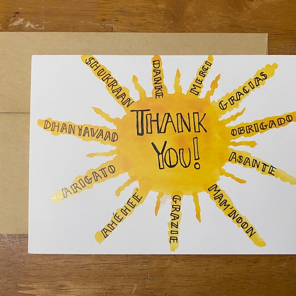 Thank You Sun Watercolor Card / Thank You Sun / Thank You in Twelve Languages / Watercolor Greeting Card / Blank Card / Original Art