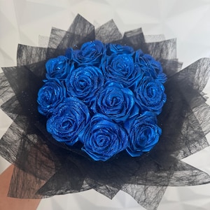 Eternal Roses | Blue Roses | Gift Royal Blue Eternal Rose Bouquet –12 Handmade Satin Roses with Glitter | Forever Flower Gift for Him