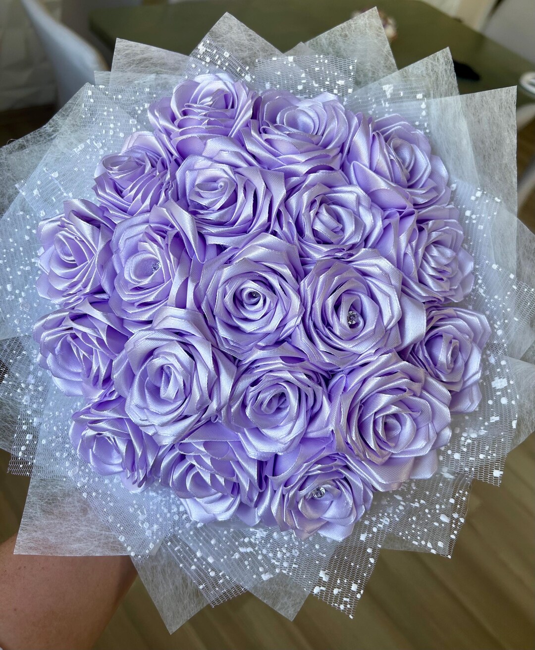 19 Ribbon Roses Bouquet of 19 Lilac Roses With a Ribbon and Diamonds - an Elegant ...