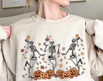 Dancing Skeleton Sweatshirt, Pumpkin Sweater, Pumpkin Skeleton Shirt, Fall Sweatshirt, Halloween Party Sweatshirt, Spooky Season Sweatshirt