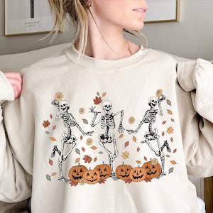 Sudadera de esqueleto bailando, suéter de calabaza, camisa de esqueleto de calabaza, sudadera de otoño, sudadera de fiesta de Halloween, sudadera de temporada espeluznante