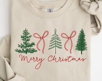 Preppy Christmas Tree Sweatshirt, Christmas Coquette Bow Shirt, Merry Christmas Shirt, Coquette Merry Christmas Sweatshirt