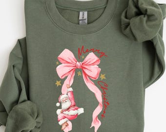 Preppy Christmas Santa Sweatshirt, Christmas Coquette Bow Shirt, Merry Christmas Shirt, Coquette Merry Christmas Sweatshirt