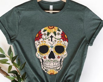 Chemise tête de mort en sucre, chemise tête de mort, chemise Calavera, chemise art squelette, chemise tête de mort floral, chemise tournesol, tatouage tête de mort, chemise Halloween