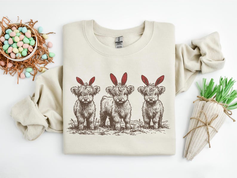 Easter Highland Cow Sweatshirt, Cute Easter Cow Shirt, Bunny Ear Cow Shirt, Funny Easter Gift For Men Women & Kids, Easter Western Shirt