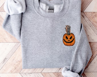 Bluza z kieszenią z dyni, koszula z dynią na Halloween, bluza z dłonią szkieletu, koszula z dynią, bluza z nadrukiem na Halloween, koszula na Halloween