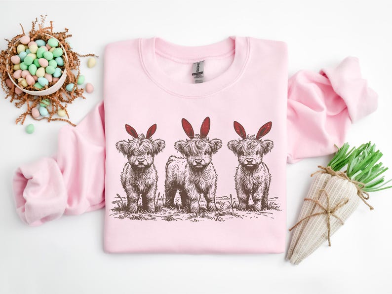 Easter Highland Cow Sweatshirt, Cute Easter Cow Shirt, Bunny Ear Cow Shirt, Funny Easter Gift For Men Women & Kids, Easter Western Shirt