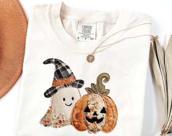 Sweat-shirt fantôme d'Halloween en patchwork rétro Comfort Colors®, chemise citrouille d'Halloween, pull de saison effrayante, tenue mignonne d'Halloween pour femme