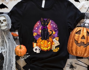 Camicia gatto nero di Halloween, camicia di Halloween, camicia zucca di Halloween, camicia gatto nero, camicia carina di Halloween, stagione spettrale, camicia spettrale
