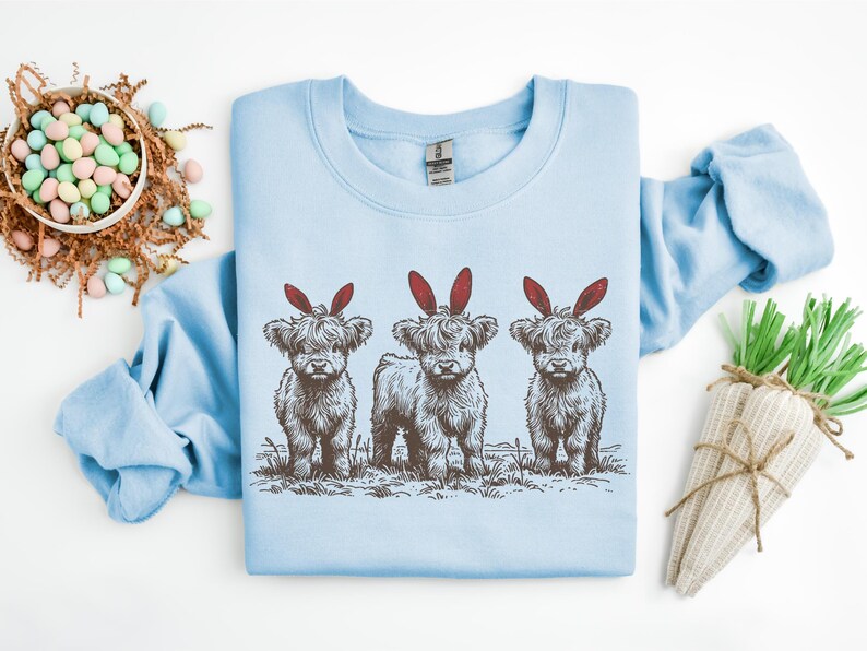 Easter Highland Cow Sweatshirt, Cute Easter Cow Shirt, Bunny Ear Cow Shirt, Funny Easter Gift For Men Women & Kids, Easter Western Shirt
