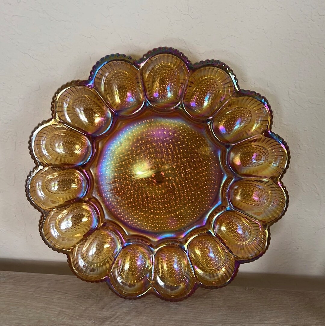 Heavy Marigold Carnival Glass Egg Dish. Vintage Marigold Hobnail