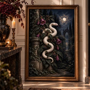 May include: A framed wall art print featuring a white snake coiled around a stone pillar covered in dark green ivy and purple bell-shaped flowers. The background depicts a moonlit garden scene with a stone archway, dark trees, and a full moon.