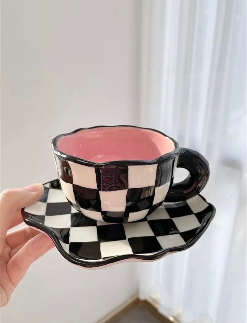 Tasse Art Déco à Carreaux Noir et Blanc