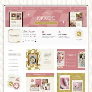 May include: A pink and white Etsy shop banner template with the text "Welcome to Portofino" and "Based in Italy". The shop has 2,000 sales and offers speedy replies to messages.