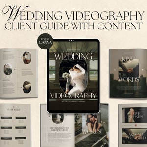 May include: A wedding videography client guide with content. The guide includes information on choosing a videography style, vendor lists, and preserving wedding videos. The guide is designed to be edited in Canva.