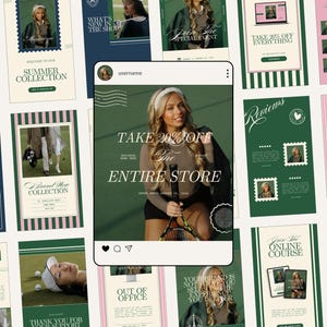 May include: A collection of promotional graphics with a tennis theme. The central image is a social media post that says "TAKE 20% OFF The ENTIRE STORE." Other graphics include "SUMMER COLLECTION," "Brand New COLLECTION," and "OUT OF OFFICE."
