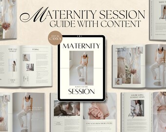 Przewodnik dla klienta CANVA Modern Maternity Session z treścią, wstępnie napisany przewodnik powitalny, edytowalny przewodnik fotograficzny z tekstem, sesja ciążowa