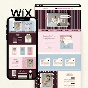 May include: A Wix website template displayed on a smartphone and a desktop screen. The design features a colour palette of dark purple, light pink, and blue with striped and polka dot patterns. Text includes Welcome, Bonjour, and Marketing That People Actually Remember.