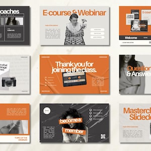 Peut inclure: Un jeu de diapositives de présentation avec une esthétique rétro. Les diapositives présentent du texte orange et blanc sur un fond noir et blanc. Le texte comprend "Meet your coaches", "E-course & Webinar", "Thank you for joining the class", "Question & Answer", "Masterclass Slidedeck", et "Become a member".