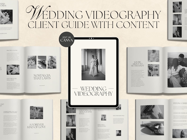 CANVA Modern Minimalist Wedding Videography Client Guide With Content, Pre-written Welcome Guide ...