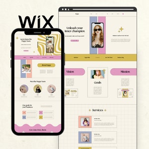 Puede incluir: Una maqueta de sitio web en un teléfono móvil y una computadora de escritorio. El sitio web es para un negocio llamado "Poppy" y presenta un esquema de color rosa, amarillo y azul. El sitio web incluye secciones para "Visión", "Objetivos", "Misión" y "Servicios".