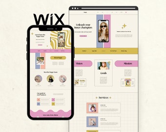 Puede incluir: Una maqueta de sitio web en un teléfono móvil y una computadora de escritorio. El sitio web es para un negocio llamado "Poppy" y presenta un esquema de color rosa, amarillo y azul. El sitio web incluye secciones para "Visión", "Objetivos", "Misión" y "Servicios".