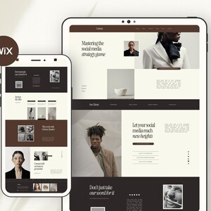 May include: A website screenshot showing a Wix website template for a social media marketing agency. The website features a brown and white color scheme with images of people and text that says "Mastering the social media strategy game" and "Let your social media reach new heights".