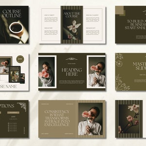 May include: A set of slides for an online business course. The slides feature a floral design with a brown and white color scheme. The text on the slides includes "Course Outline", "About the Course", "Masterclass Slide Deck", "Business Webinar", "Pricing Options", and "Heading Here".