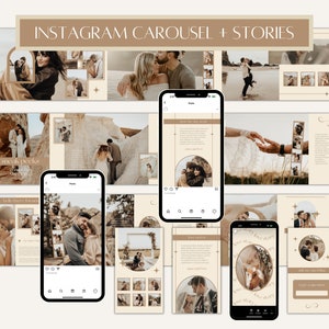 CANVA Boho Instagram Bundle Pack for Photographers, IG Post Carousel & Stories, Engagement Booster, Seamless Marketing Slides, Social Media