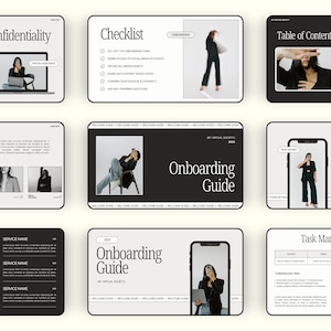 May include: A collection of digital presentation slides with a minimalist design. The slides feature text and images, including the words "Confidentiality," "Checklist," and "Onboarding Guide." The color scheme is primarily black and white.