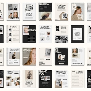 May include: A collection of promotional flyers with a minimalist design. Each flyer features a black and white color scheme with text and images. The flyers promote various topics, including a summer collection, new services, and customer testimonials.