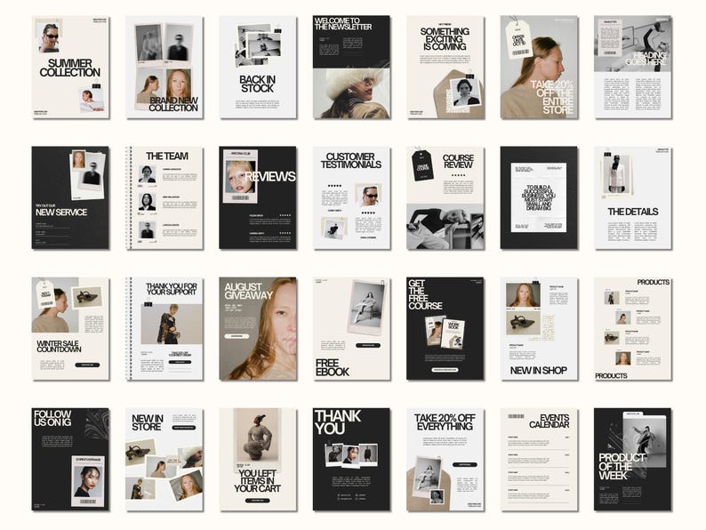 May include: A collection of promotional flyers with a minimalist design. Each flyer features a black and white color scheme with text and images. The flyers promote various topics, including a summer collection, new services, and customer testimonials.